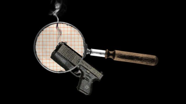Photo illustration of a magnifying glass and a glock smoking gun