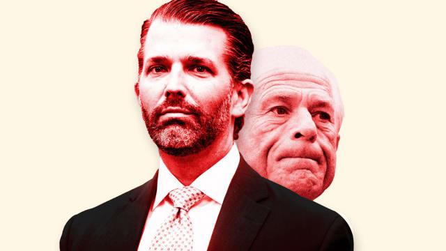 An illustration that includes photos of Donald Trump Jr and Peter Navarro