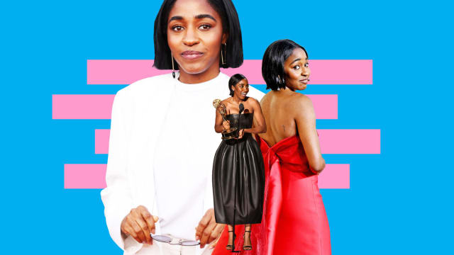 A photo illustration shows Ayo Edibiri on different red carpets and accepting her Emmy