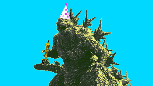 Photo illustration of Godzilla with a party hat holding an Oscar on a blue background.
