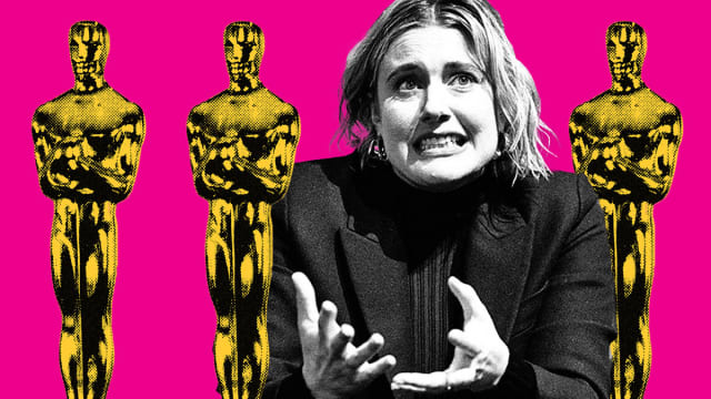 A photo illustration of Greta Gerwig frowning next to Oscar statues