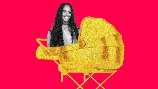 An illustration including a photo of Malia Obama and a Golden Stroller