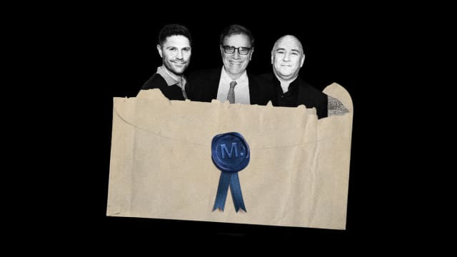 Photo illustration of a ripped open envelope with a wax seal with the Messenger logo on it, with Jimmy Finkelstein, Dan Wakeford, and Richard Beckman.
