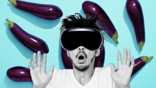 An illustration including a photo of a person wearing Apple Vision Pro VR set and a wall of eggplants