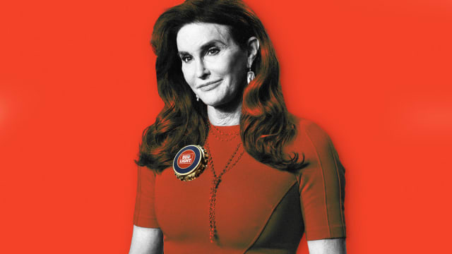 An illustration including a photo of Caitlyn Jenner, former U.S. President Donald Trump, and a bottlecap with the BudLight logo