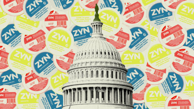 Photo illustration of the US Capitol Building with ZYN packets behind it