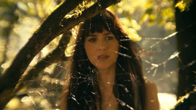 Dakota Johnson seen through a spider web in a still from ‘Madame Web’