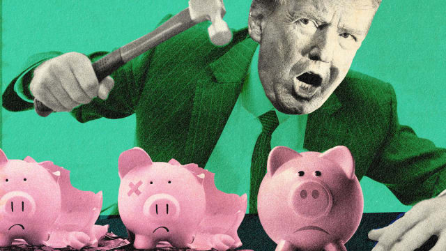 A photo illustration of Donald Trump smashing piggy banks
