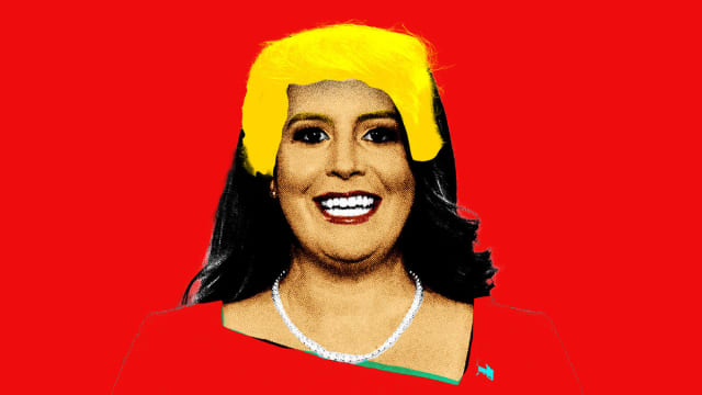 Photo illustration of Elise Stefanik with Trump hair on a red background