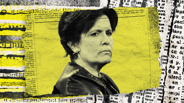Photo illustration of Kara Swisher on a piece of ripped newspaper with yellow accents