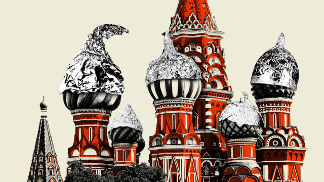 Photo illustration of St. Basil’s Cathedral in Moscow, Russia with tinfoil hats on top of its onion domes