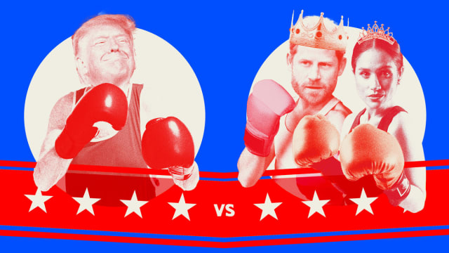 Photo illustration of Donald Trump as a boxer vs. Prince Harry and Meghan Markle as boxers