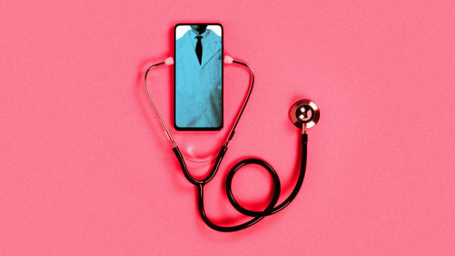 An illustration including an iphone, doctors lab coat, and a stethoscope