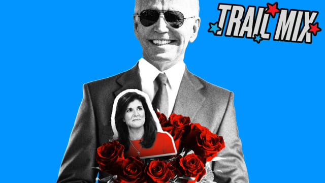 Photo illustration of Joe Biden holding a bouquet of roses with Nikki Haley sticking out