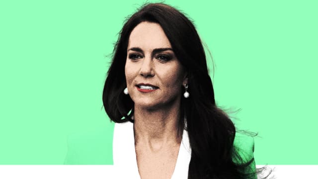 Photo illustration of Kate Middleton on a mint green background
