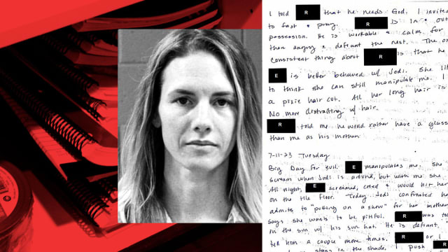 Alt: A photo illustration shows the mug shot of Ruby Franke overlaying pictures of her journals and journal entries