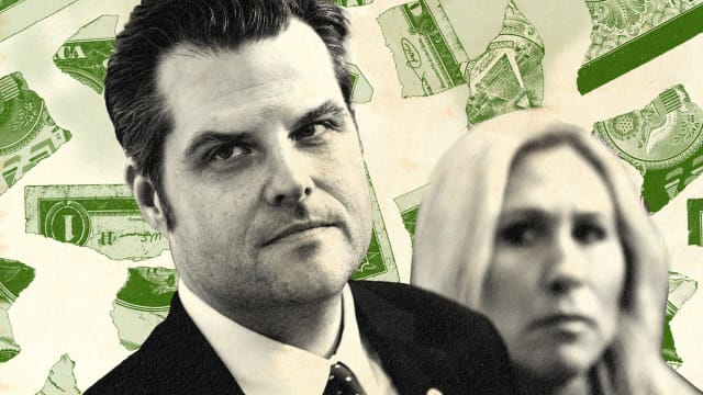 A photo illustration of Matt Gaetz and Marjorie Taylor Greene with torn money behind them