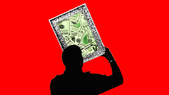 A photo illustration of a person stealing a framed pile of money