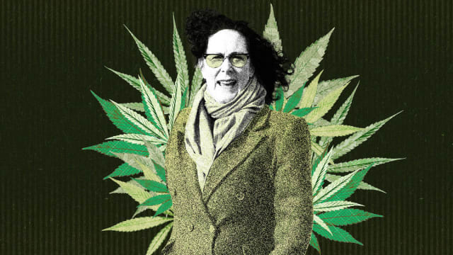 Photo illustration of Representative Val Hoyle of Oregon with weed leaves collaged behind her on a green background.