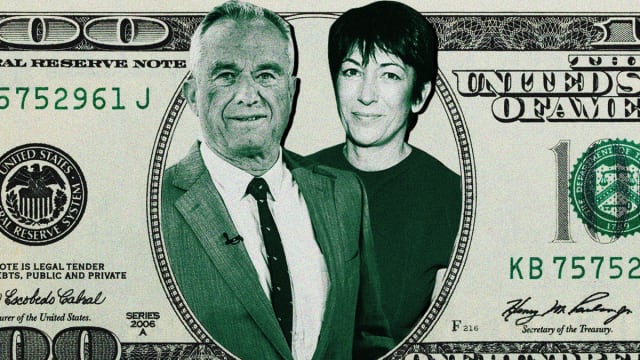 A photo illustration showing Ghislaine Maxwell and RFK Jr. in a hundred dollar bill.