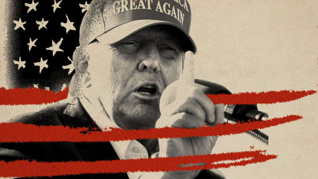 Photo illustration of Donald Trump with a distressed American flag overlaid