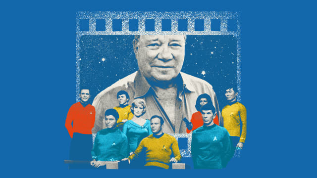 Alt-text: Photo illustration of William Shatner on a blue background