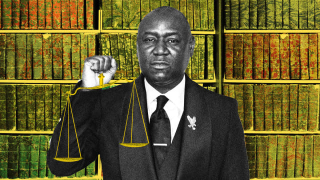 Photo illustration of Ben Crump holding the scales of justice with yellow patterned books in the background