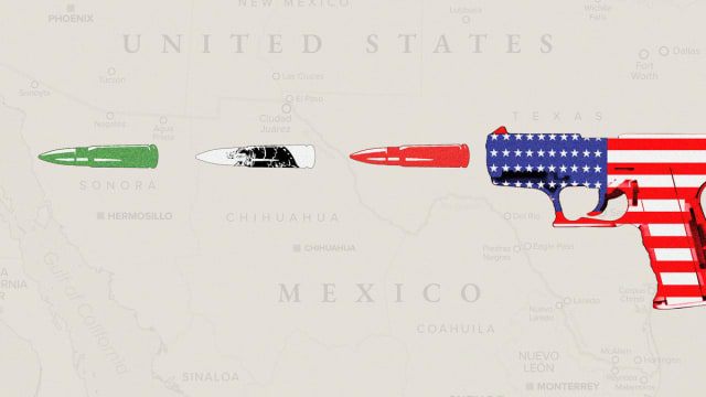 A photo illustration showing a gun with the U.S.A. flag shooting bullets that are the colors of the Mexico flag.