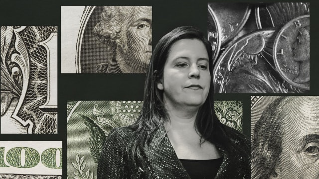 A photo illustration showing Elise Stefanik looking downcast with a collage of close up’s of U.S. currency behind her.