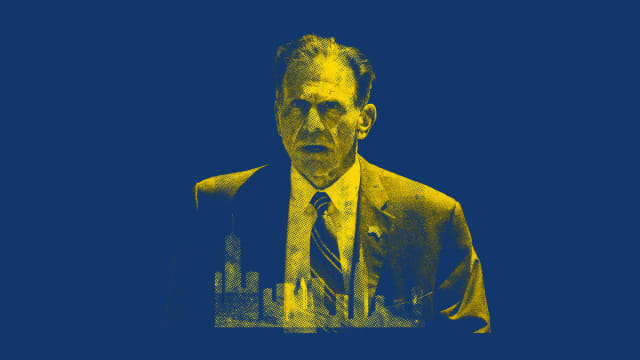 Photo illustration of Louis Scarcella on a blue background