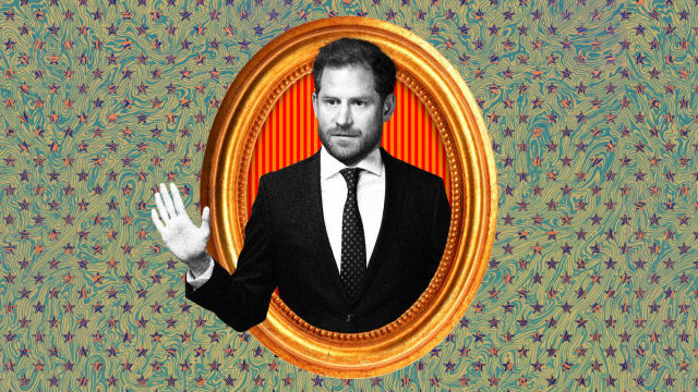 Photo illustration of Prince Harry in a gilded frame on a star and stripe background.