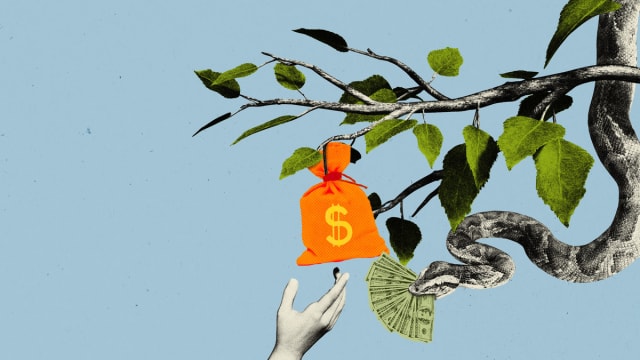 Photo illustration of a Garden of Eden scene with a snake with money in its mouth and a bag of money hanging from the tree