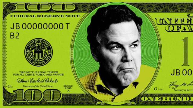An illustration including a photo of Dave McCormick on a hundred dollar bill