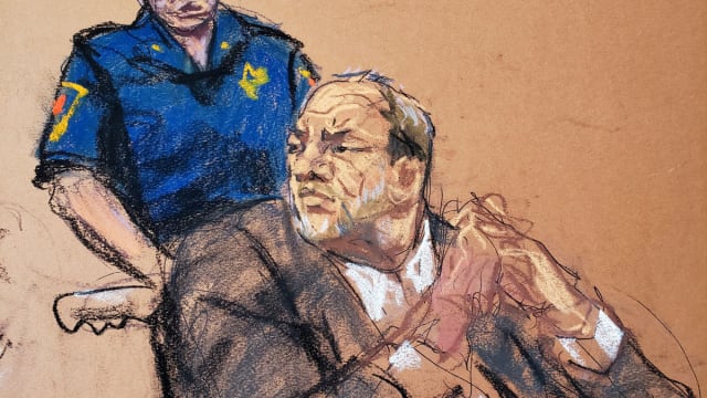 A court drawing including Harvey Weinstein