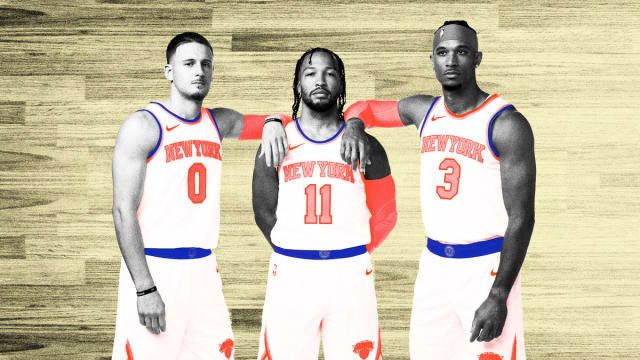 Photo illustration of Donte DiVincenzo, Jalen Brunson, and Josh Hart of the New York Knicks