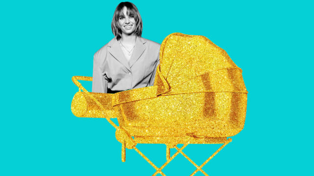 An illustration including a photo of Maya Hawke and a golden stroller