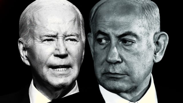 An illustration including photos of U.S. President Joe Biden and Israel Prime Minister Benjamin Netanyahu