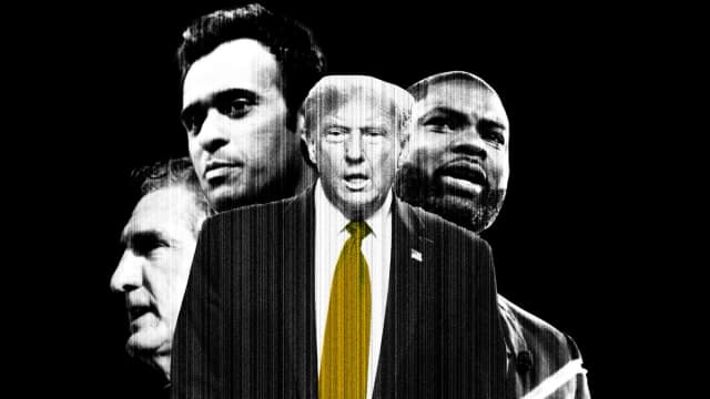 Photo illustration of Donald Trump, Vivek Ramaswamy, Doug Burgum, and Byron Donalds