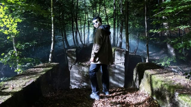 A photo including a still from the film The Strangers: Chapter 1