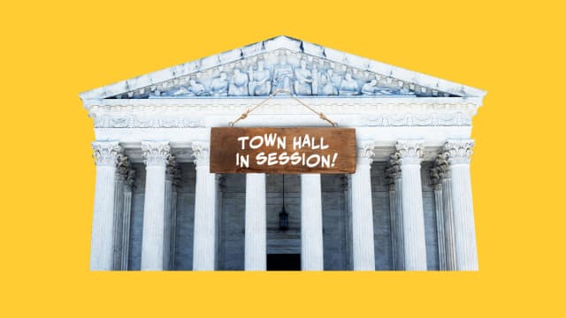 A photo illustration of the Supreme Court with a sign over it