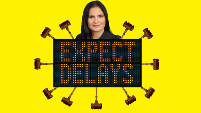 Judge Aileen Cannon behind a sign that say “expect delays” surrounded by gavels