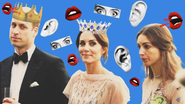 Photo illustration of Prince William, Kate Middleton, and Rose Hanbury with mouths, eyes, and ears around them on a blue background