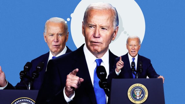 A photo illustration showing Joe Biden with thoughts about himself