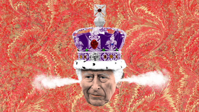 Photo illustration of King Charles III with steam coming out of his ears on marble paper