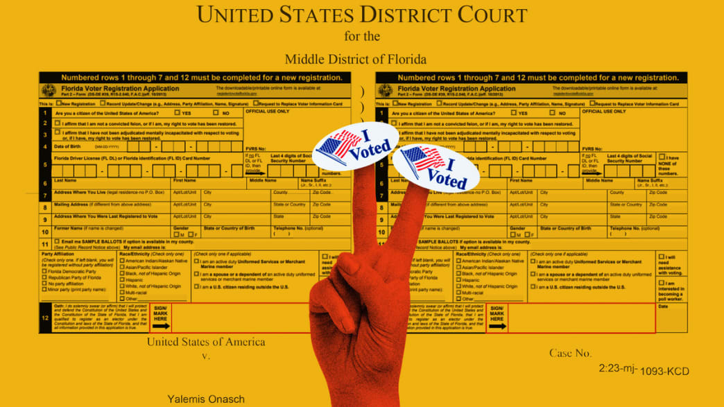 A stylized photo illustration of a Florida voter registration with a hand holding up two fingers with stickers attached that say, ‘I voted!‘