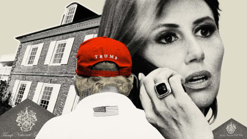 Photo illustration of Alina Habba and Donald Trump in front of his gold club, Bedmister
