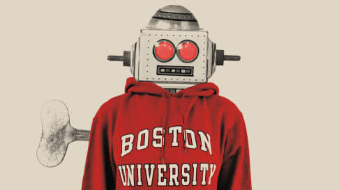 Photo illustration of a robot wearing a Boston University sweatshirt hoodie.