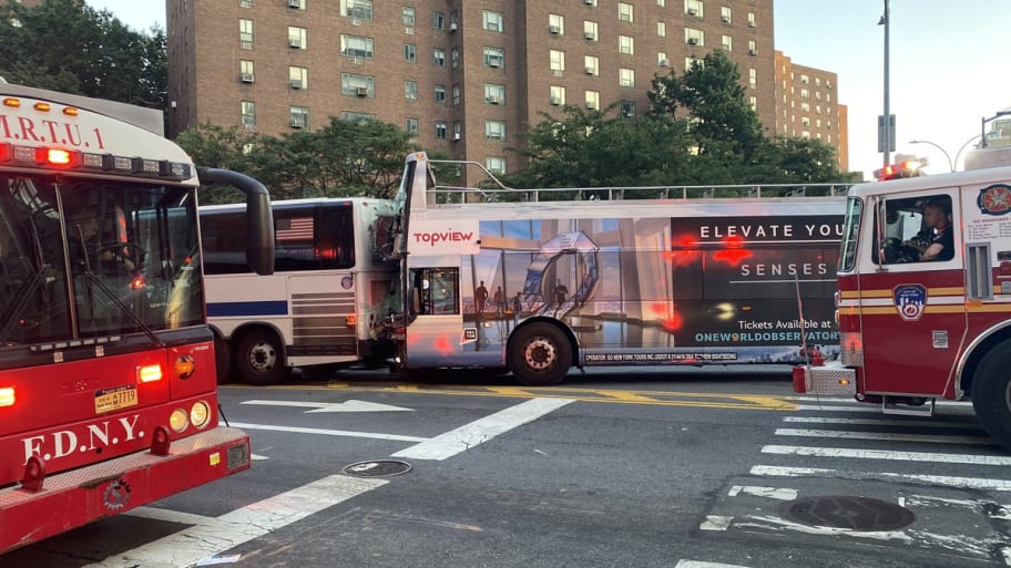 A picture of a two-bus crash in New York City.