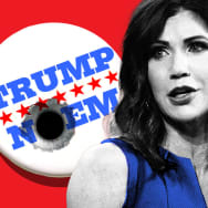 A photo illustration of Kristi Noem with a howling dog and a Trump/Noem button with a gun shot through it behind her