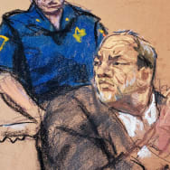 A court drawing including Harvey Weinstein